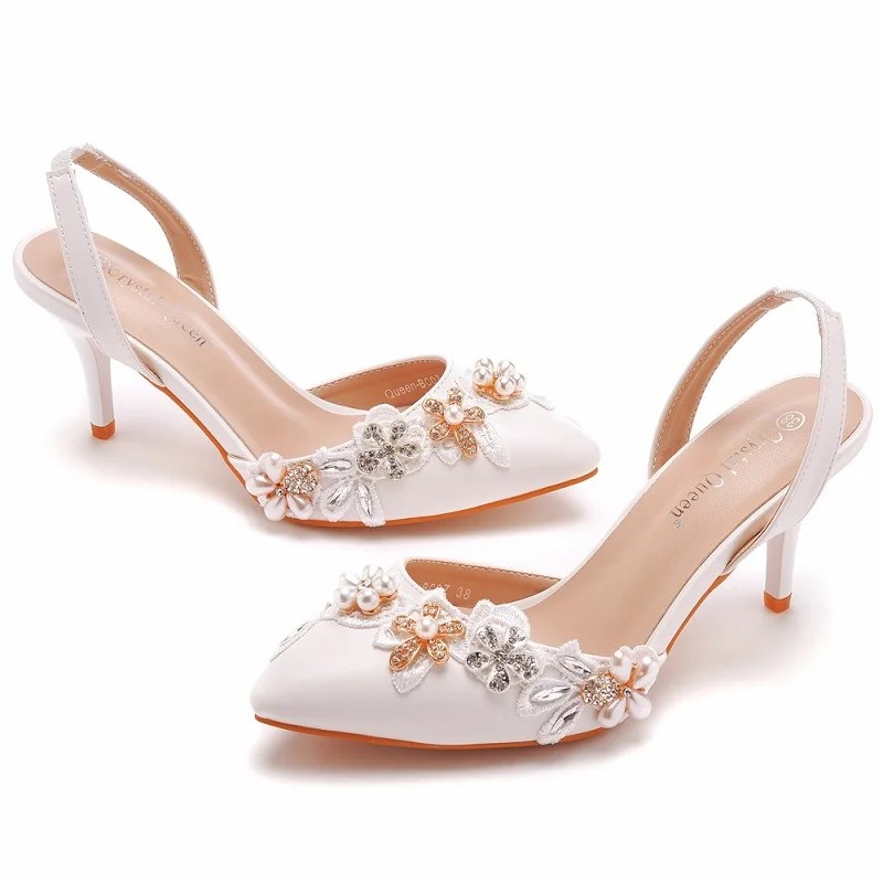 

Spring and summer new 7cm low heel pointed lace rhinestone wedding shoes thin high heel banquet dress large size women's sandals