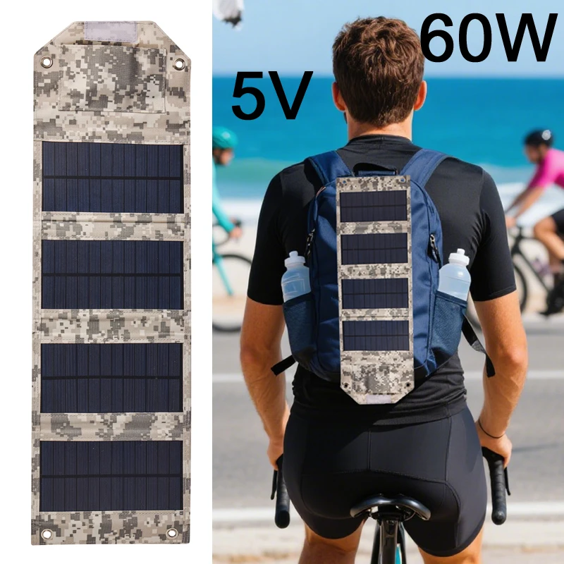 Panel Solar plegable de 60W, cargador Solar portátil de 10Wh, USB, 5V CC, fuente de alimentación móvil, Panel Solar de 4 pliegues, alimentación por tiempo completo