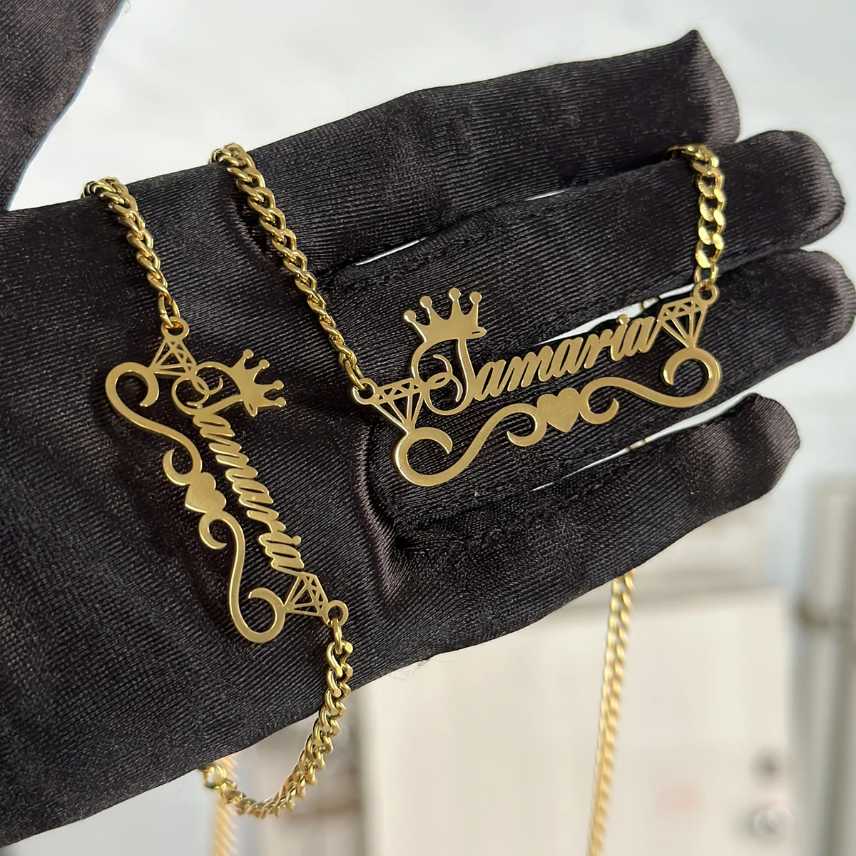 New Custom Name Suit With Crown Necklace Bracelet Set Personalized Cuban Chain Necklace Stainless Steel Nameplate Set For Women