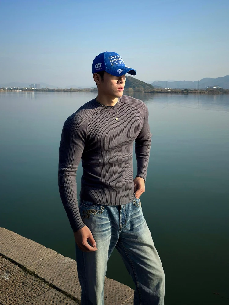 

Мужской зимний свитер American Slim Fit с круглым вырезом, широкими плечами и узкой талией, спортивный базовый трикотажный джемпер