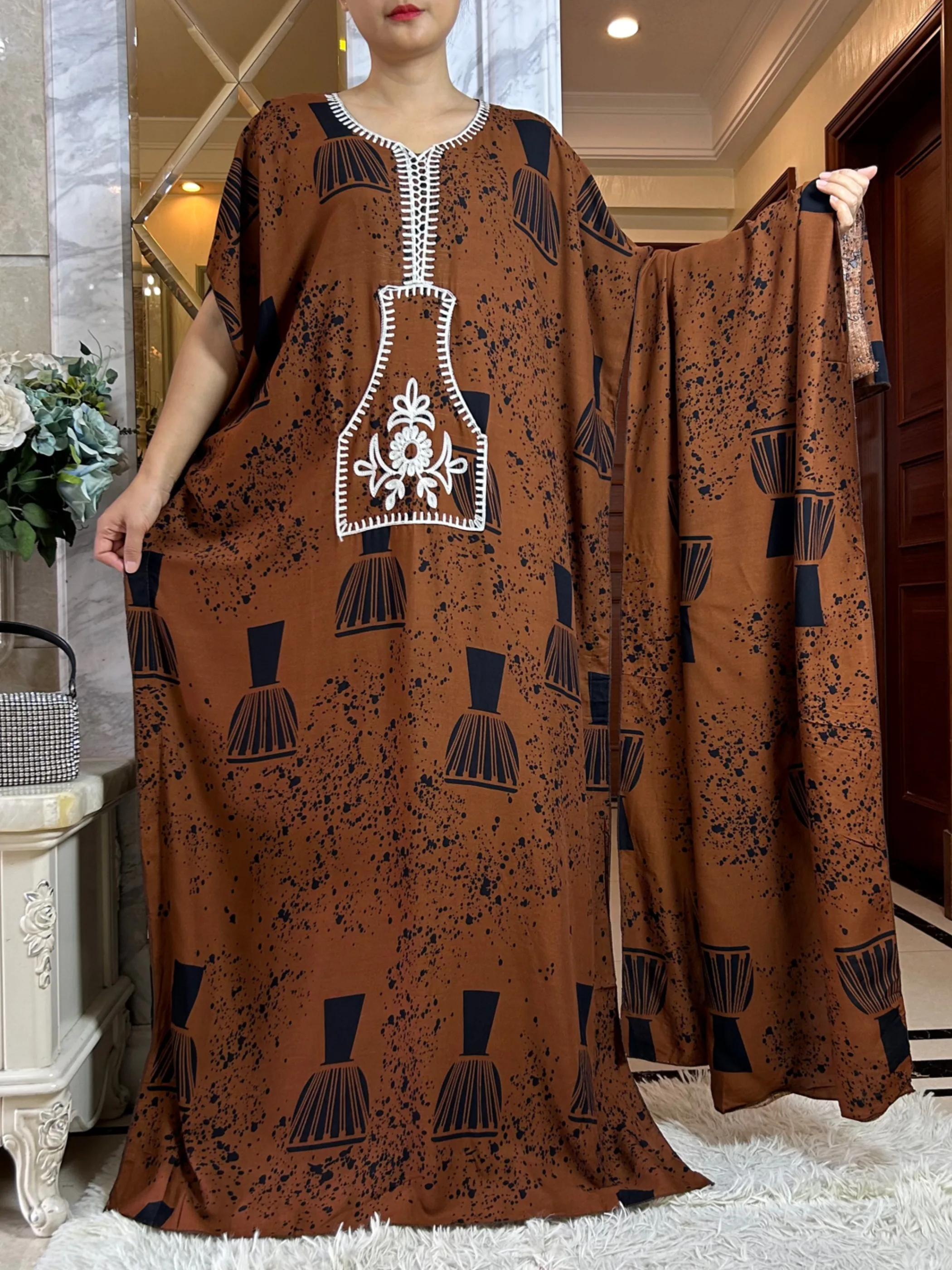 

Latest African Dashiki Dress Kaftan Abaya Cotton Boat-neck Floral Printed Short Sleeve Loose Women Casual Dress With Big Scarf