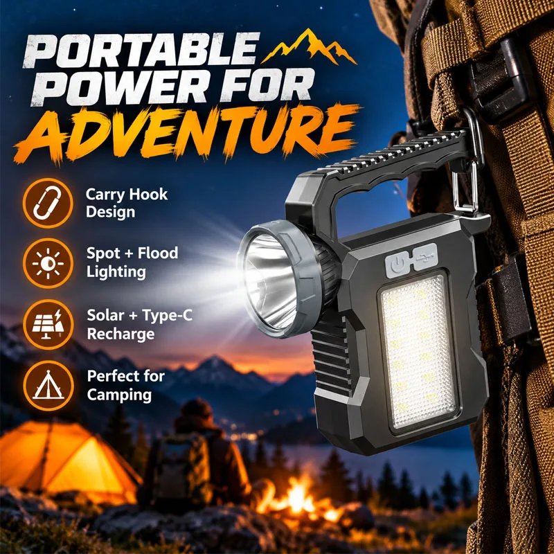 Solar Powered Work Light Portable Waterproof Searchlight Rechargeable Hand Torch with Full Metal Hanging Buckle Red Blue Strobe