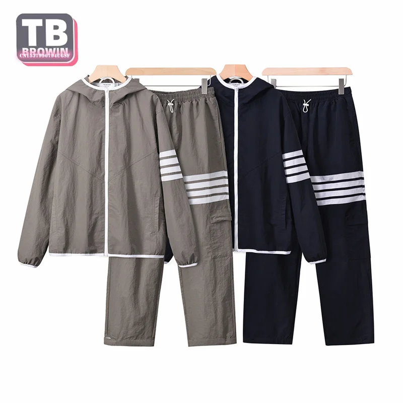 

TB YJ01 Men's Jacket trousers suit Winter Classic Brand Zipper Coat Hoodie Windbreaker striped outdoor Leisure