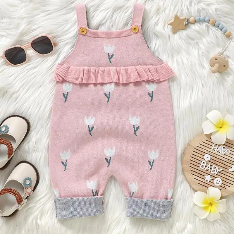 

Autumn Baby Clothes Boy Girl Knitted Tulip Print Suspenders Jumpsuit Fashion Infant Sleeveless Romper Newborm Knitting One-piece