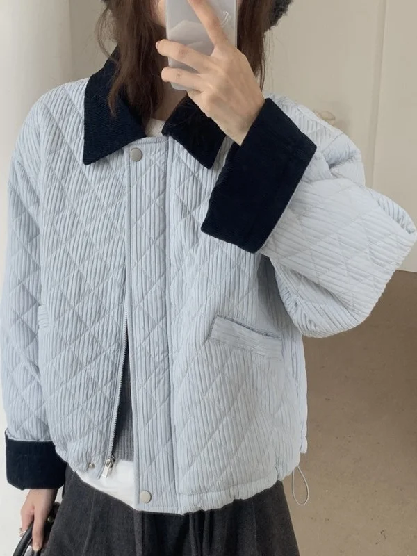

Korean Style Retro Color Block Corduroy Diamond Pattern Cotton Jacket Women's Short Warm Outerwear Quilted Cotton Coat