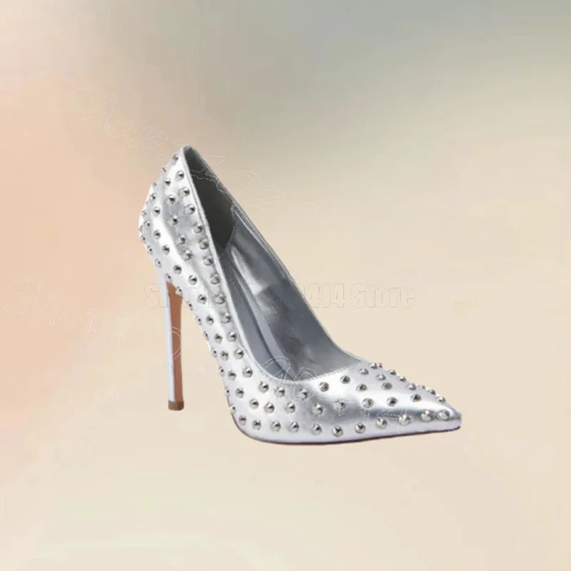 

Silver Rivets Decor Shallow Pointed Toe Pumps Slip On Women Shoes Thin High Heels Sexy Party Banquet 2025 Zapatos Para Mujere