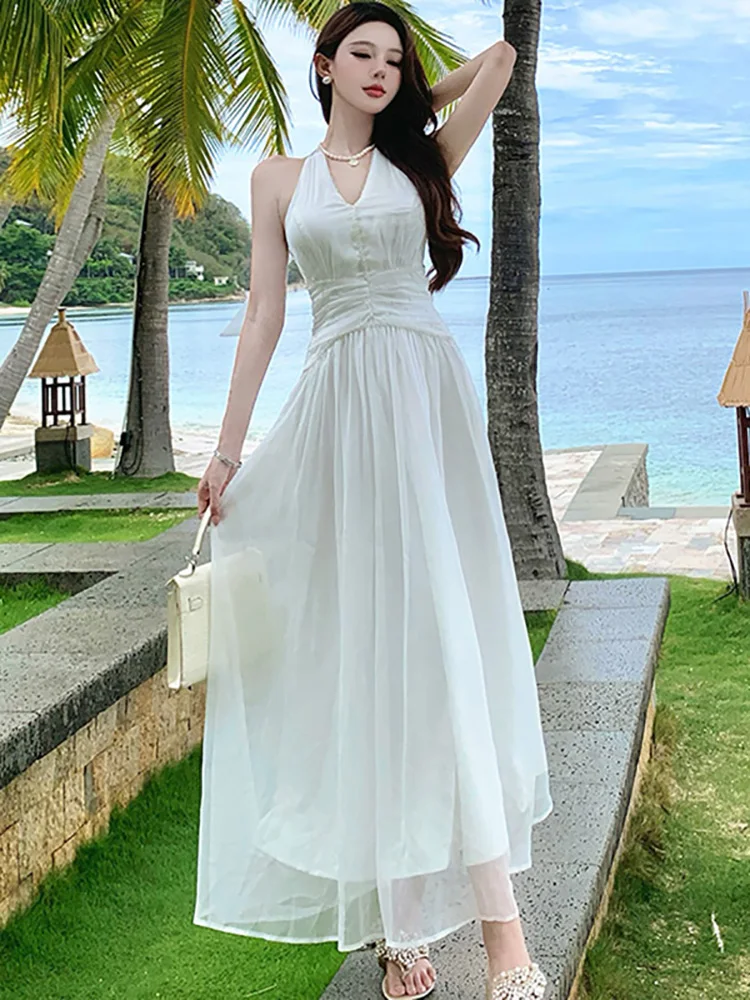 2025 Nowa Biała Elegancka Sukienka Damska z Kokardą na Szyi, Seksowna Długa Sukienka Luksusowa Sukienka z Diamentami Letnia Koreańska Moda Obcisła Sukienka Wieczorowa