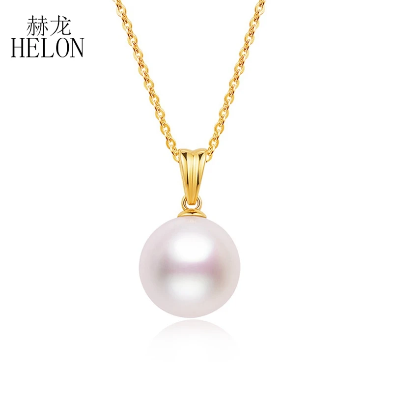 

HELON Solid 14K Yellow Gold Pendant For Women Genuine White FreshWater Pearl Pendant Delicate Simple Fine Jewelry Gift