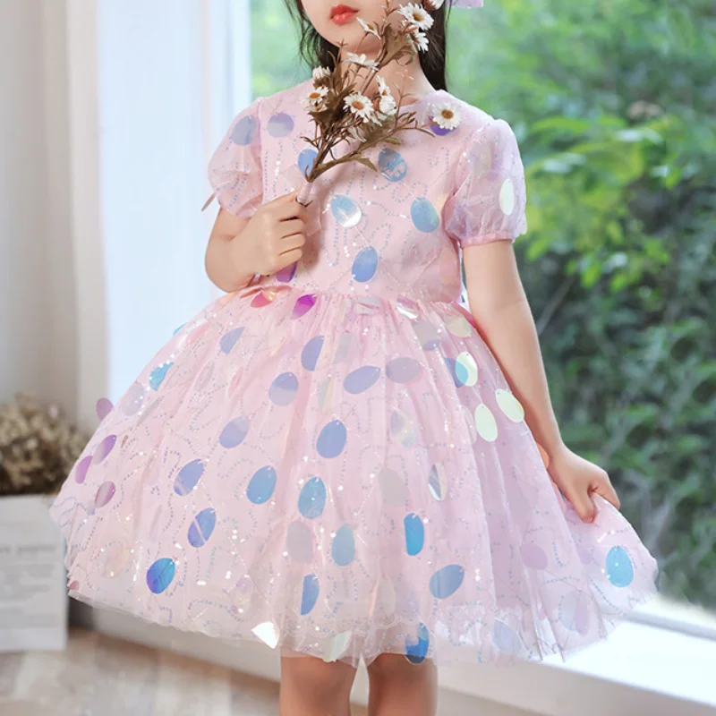 Abito da ballo personalizzato personalizzato Lolita Sweet Flower Girls Abiti Bellissimo abito da principessa con maniche a sbuffo con paillettes O-collo Vita sottile B