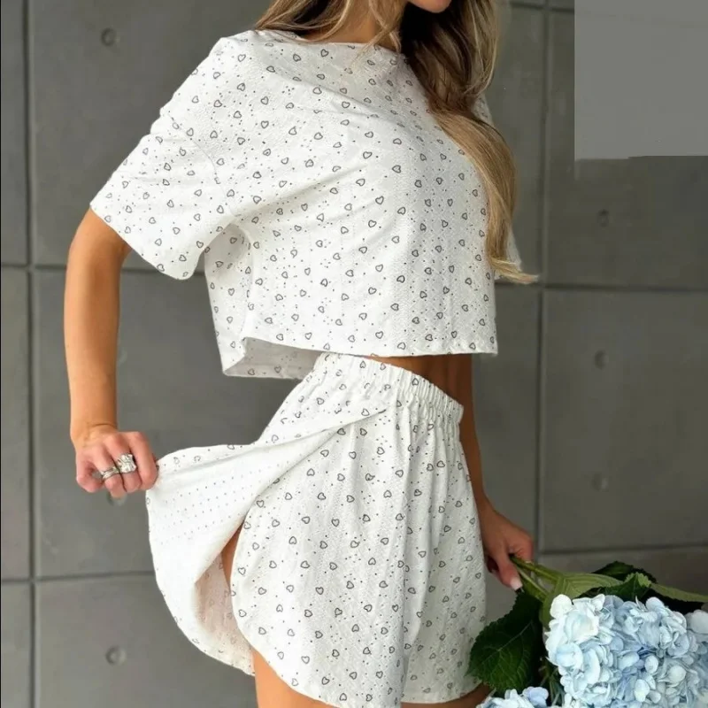 

SURI Women Pajamas Set Women's Pajamas Hollow Breathable Printing Sexy Split Shorts Crew Neck Top Set Loungewear Home Comfort