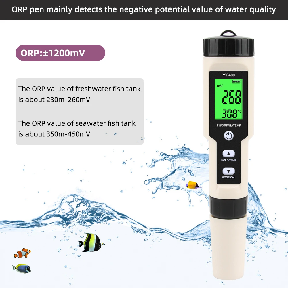 Yieryi Hydrogen Water Tester Monitor 4 in 1 H2 PH ORP TEMP Meter Reactive Oxygen Analyzer ATC 0-2400PPb for Aquariums Pools Spa