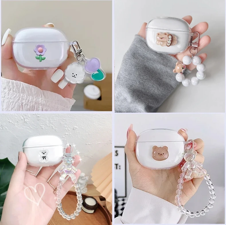 حافظة لبراعم Realme T100 لطيف الدب اللؤلؤ قلادة سماعة غطاء شفاف سيليكون غطاء Fudnas ل Realme T100