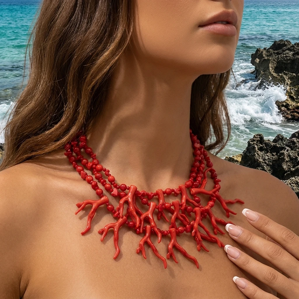 

Exaggerated Red Coral Multi Layer Necklace for Women Bohemian Irregular Stone Beaded Choker Chain Vacation Party Jewelry Gift