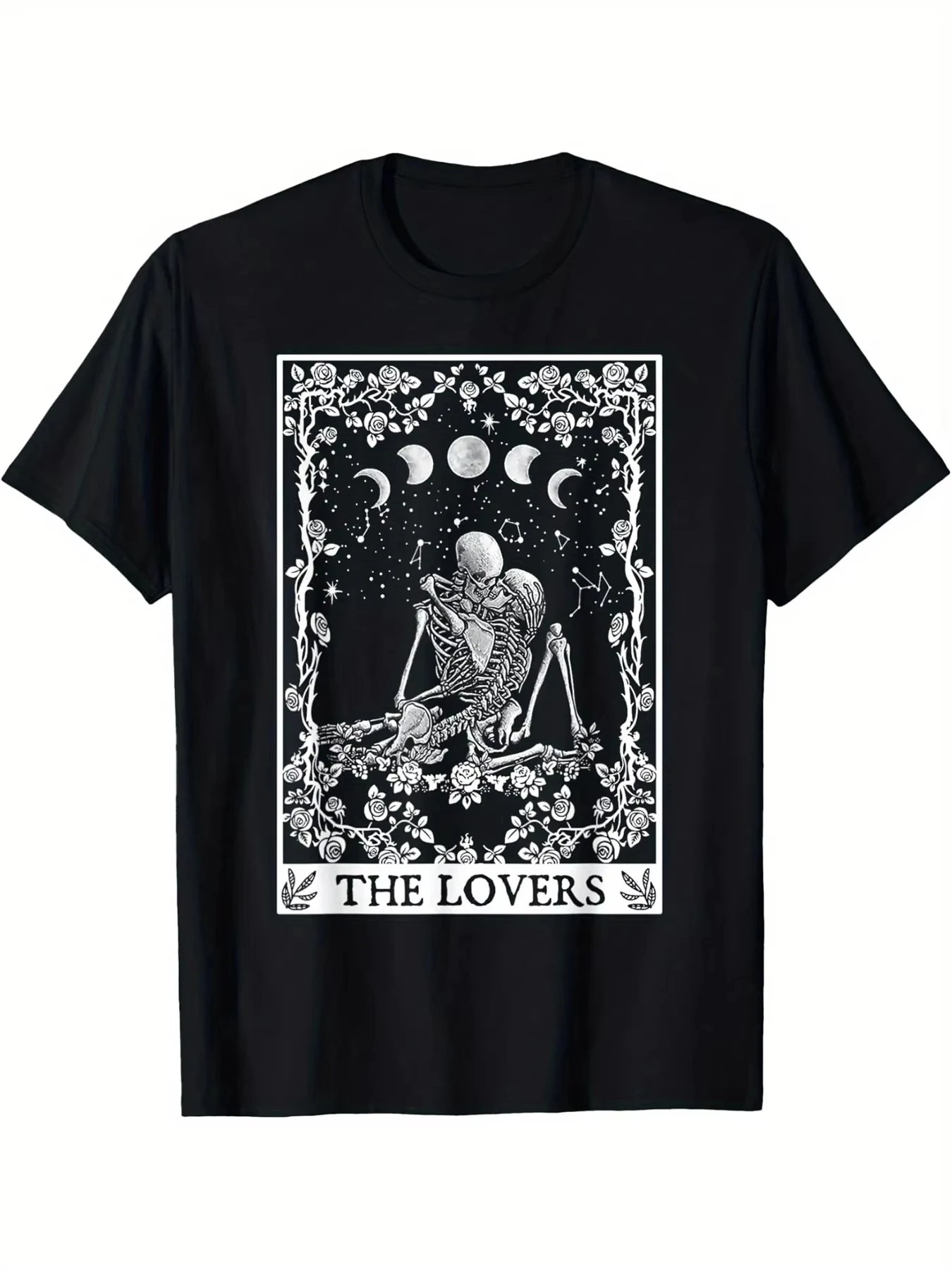 تي شيرت برسومات عشاق الهيكل العظمي القوطي للرجال - تي شيرت كاجوال أسود بأكمام قصيرة مع تصميم زهور سماوية للجنسين