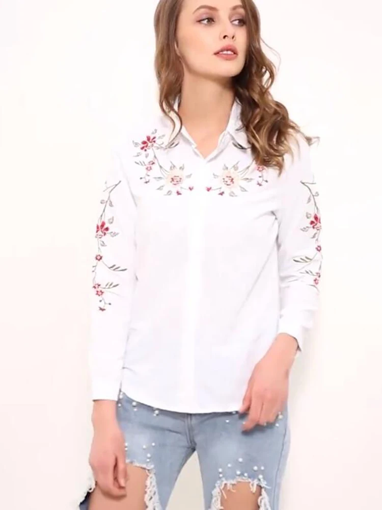 Office Lady White Long Sleeve Embroidery Shirt Blouse Women 2023 New Spring Fashion Button Slim Shirts Top Femme S-5XL