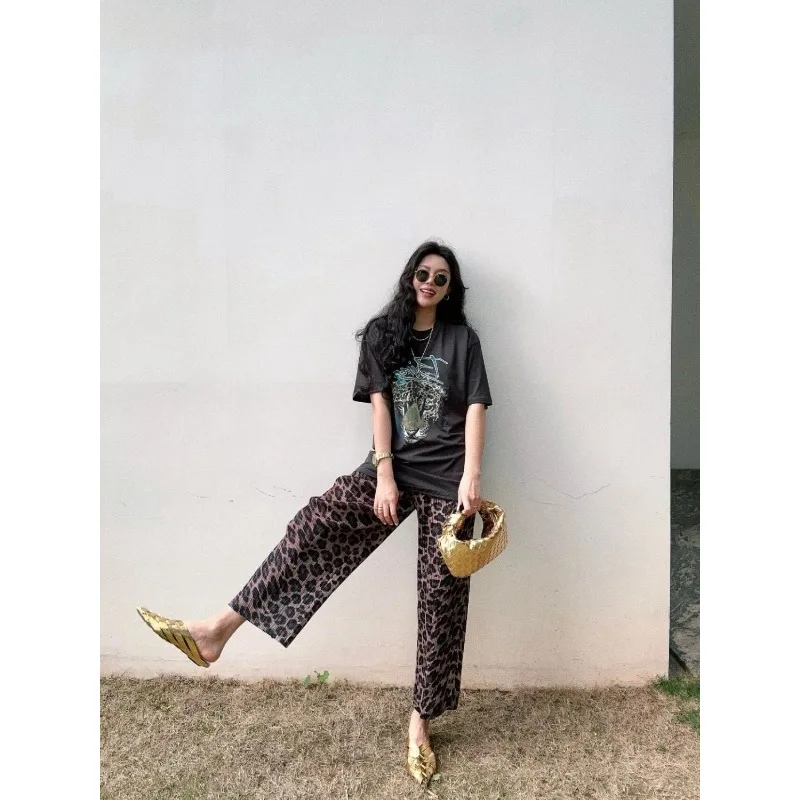 Pants Women's Summer Retro Pleated Leopard Print Slimming Cropped Straight Leg Wide Leg Comfortable Minimalist Versatile Niche
