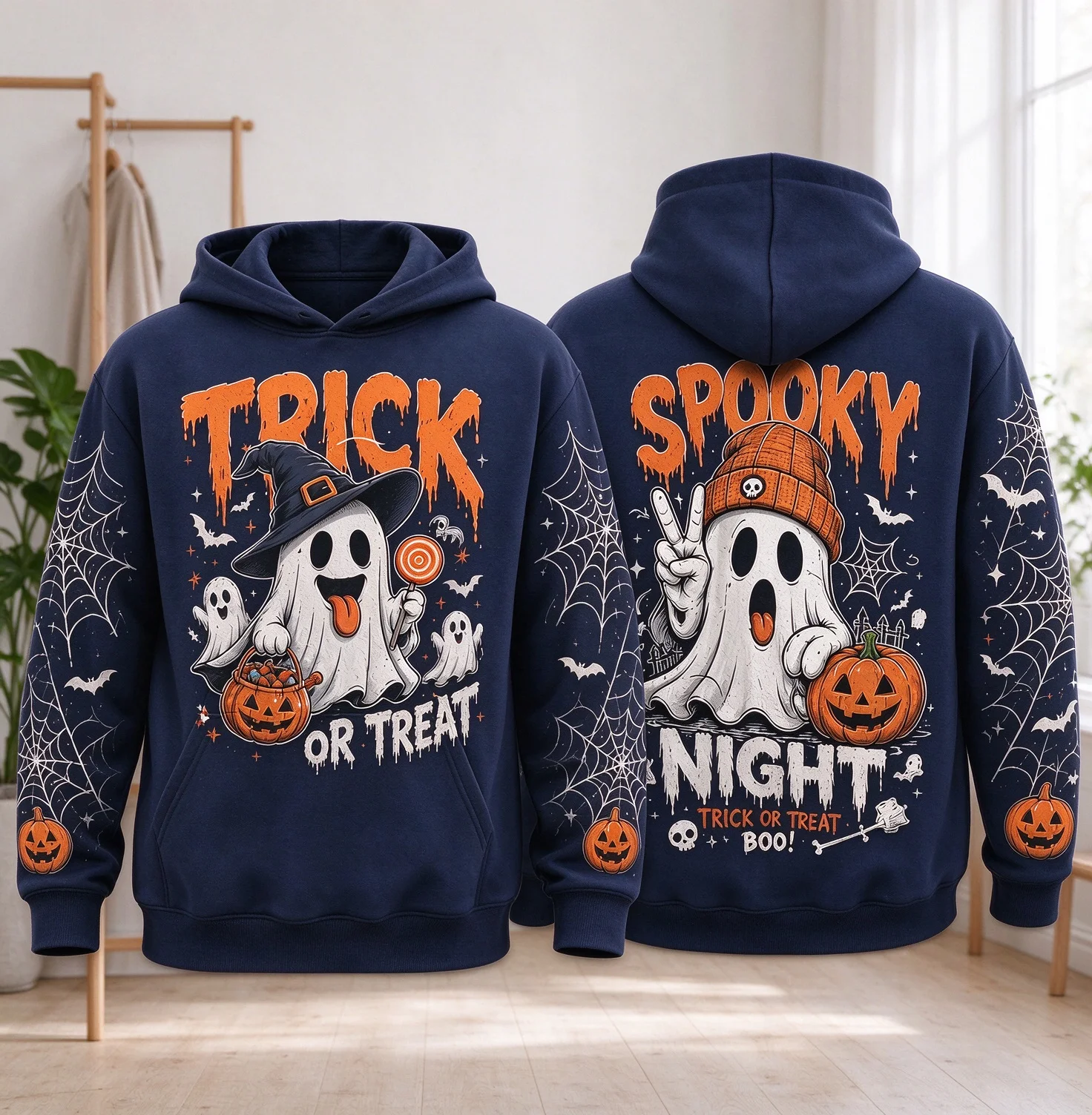 Unisex Halloween Hoodie Cute Ghost Pumpkin Trick Or Treat Spooky Night Spider Web Graphic Casual Pullover Sweatshirt