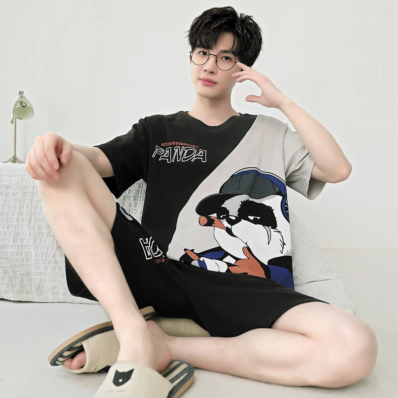 2024 Summer Men\'s Pajamas Sets Knitted Cotton Cartoon Shorts Loose Pijamas For Sleeping Fashion Mens Sleepwear Students Homewear