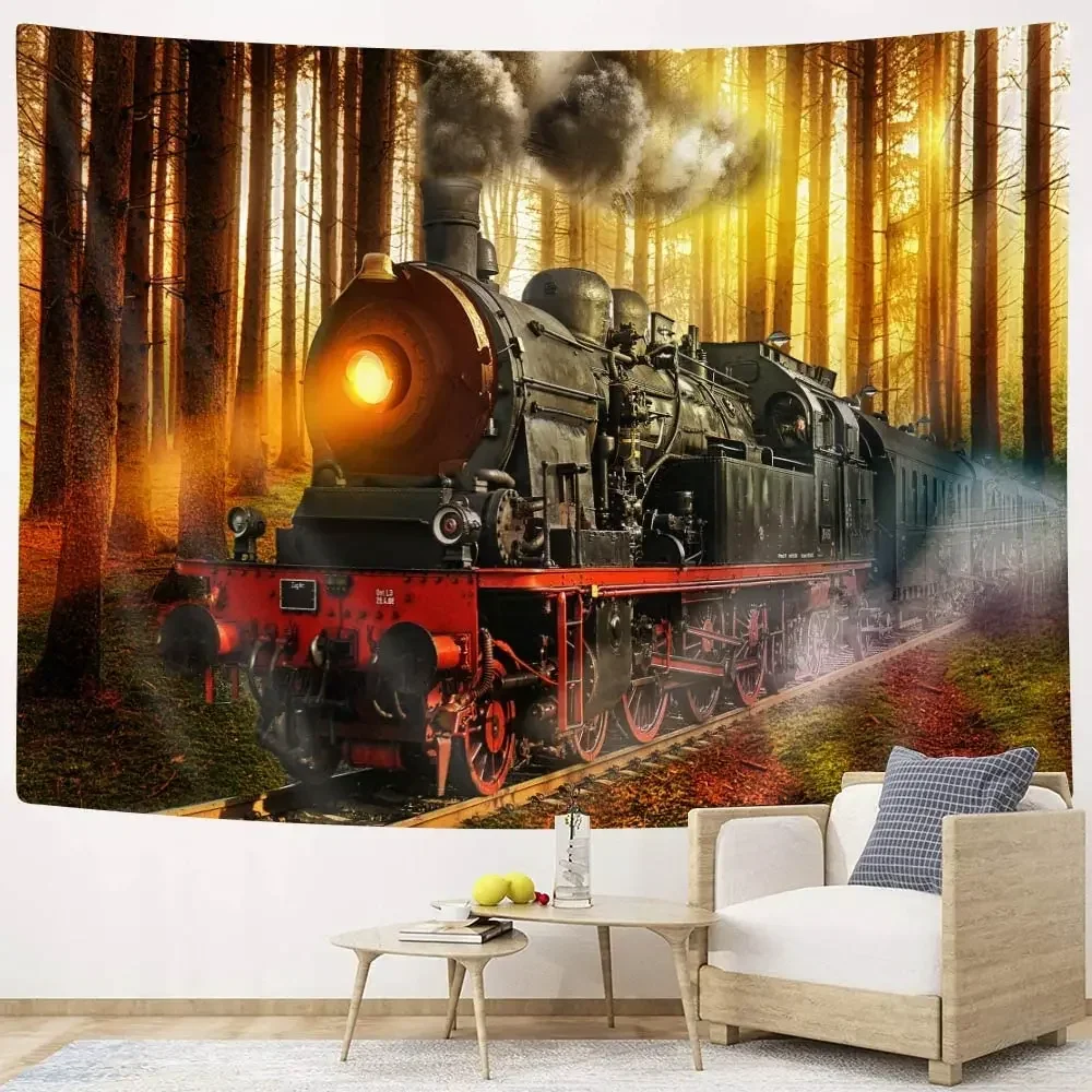 Steam Train Tapestry,Antique Train on Railroad Track Tapestries Train Railway Tapestry Wall Hanging for Bedroom Dorm Living Room