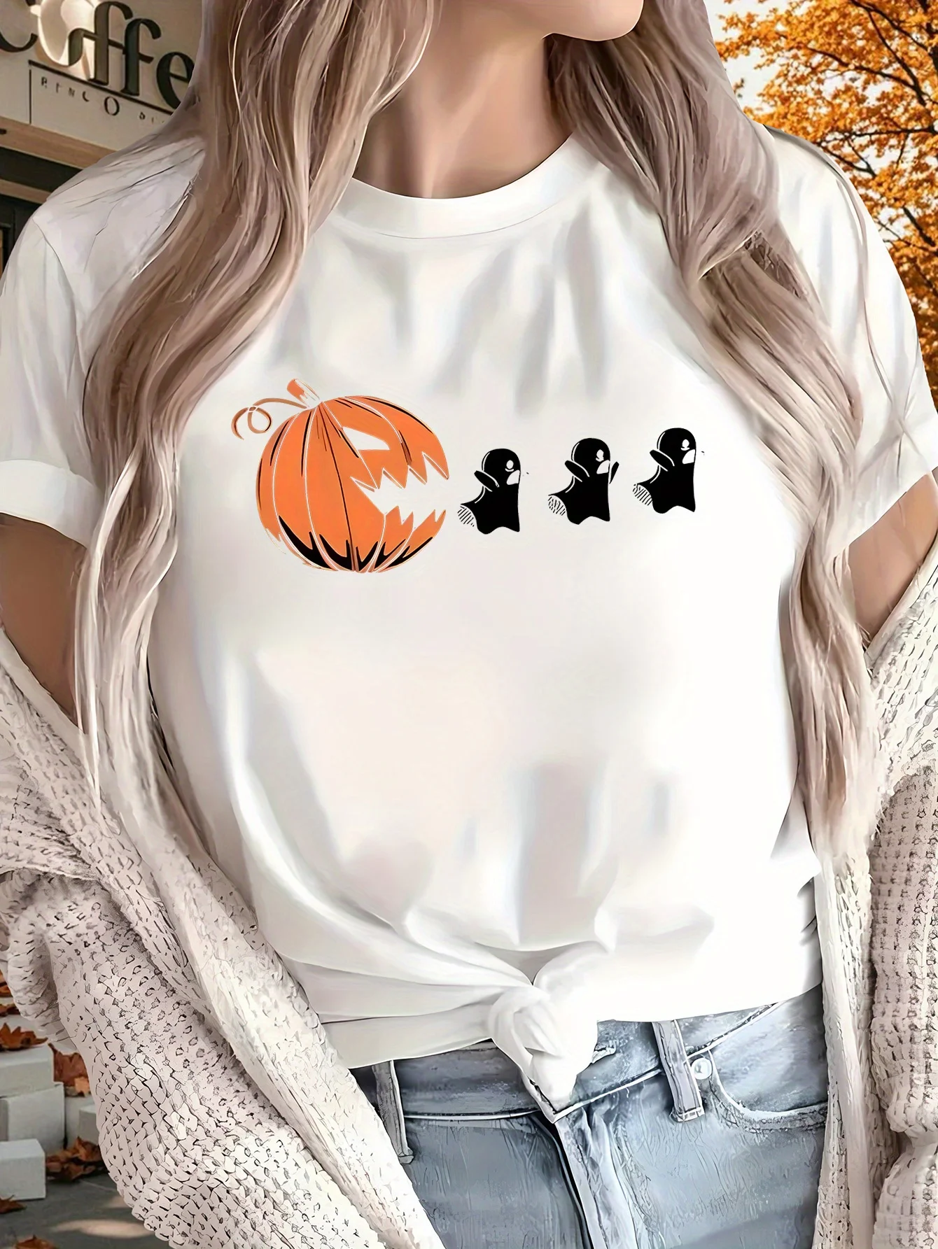 

2025 Halloween Funny Pumpkin Print T-shirt Outdoor Home and Sports Top Gift Women's Printed Sleeved Black Soft Casual Tee Tops