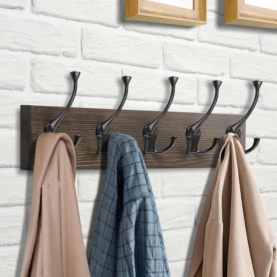 ราวแขวนเสื้อผ้าติดผนังแบบ 2 ชิ้น ขนาด 17 นิ้ว สีไม้เก่า ราวแขวนเสื้อผ้าไม้สไตล์ Rustic พร้อมตะขอโลหะ สำหรับทางเข้าห้องนั่งเล่น