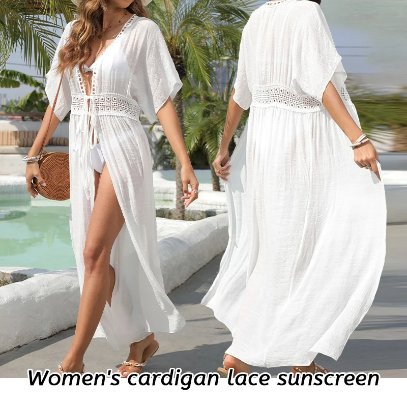 

Black White Beach Bikini Cover Up Women Cardigan Beachwear Front Lace-up Shirt Beach Dress Boho Tunic Shirtdress Summer Swimwear