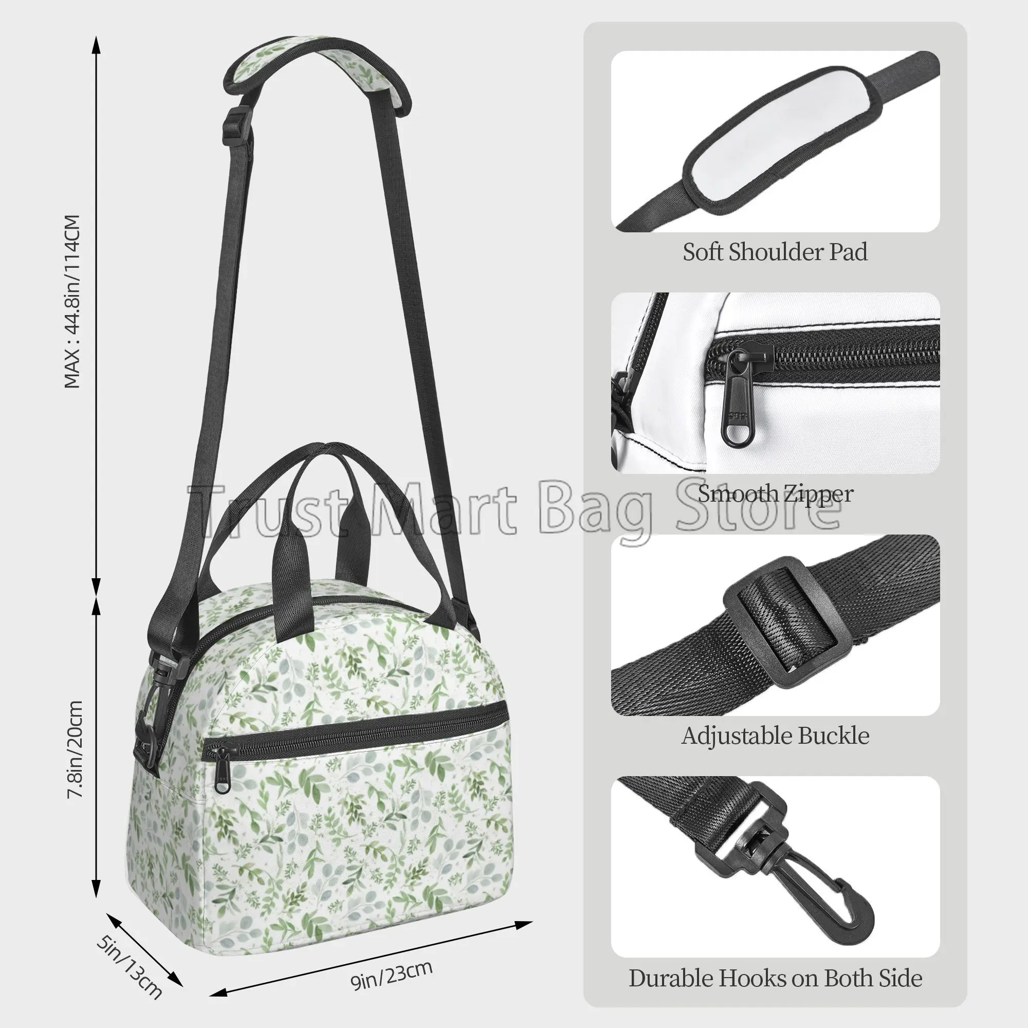 Sage Insulated Lunch Bag for Women Green Leaf Reusable Waterproof Lunch Box Cooler Thermal Tote with Adjustable Shoulder Strap