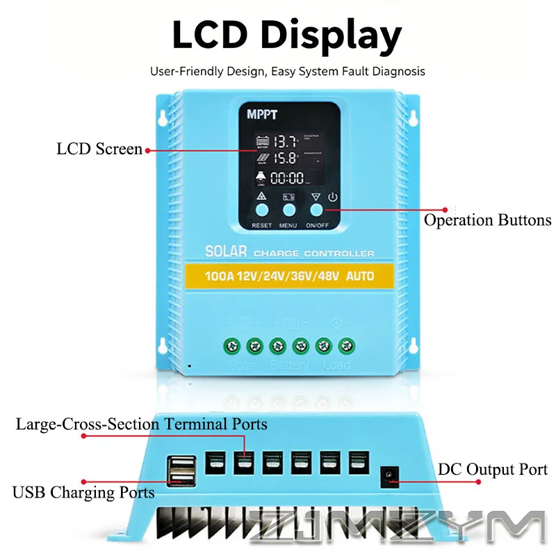 MPPT 60A 80A 100A Solar Charge Controller 12V 24V 36V 48V LCD Display Solar Panel Battery Intelligent Regulator