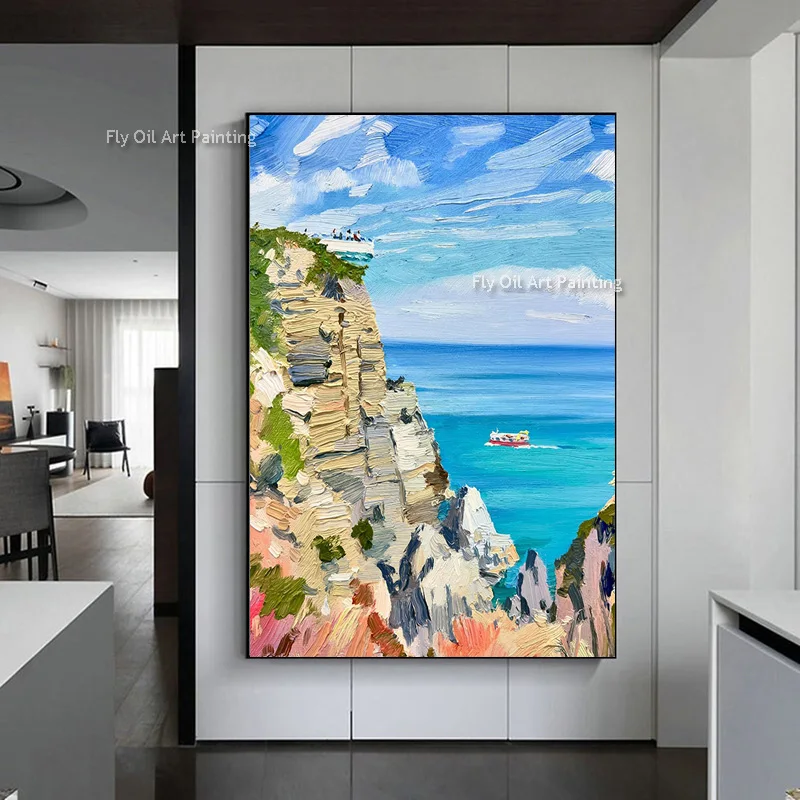Handpainted Mountain By The Sea Boat On The Sea Oil Painting Beautiful Blue Seascape View Canvas Wall Art Modern Artwork
