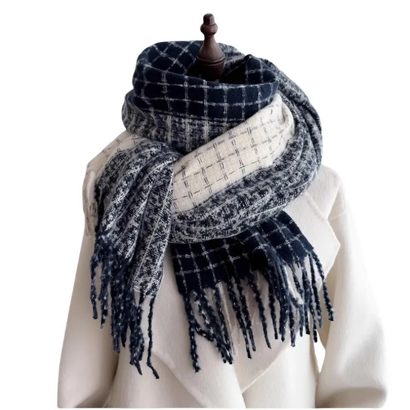 Bufanda a cuadros cálida para invierno, chal grueso, pañuelo multifunción para la cabeza para mujer, bufanda con borlas de Pashmina, bufandas de lino, regalo de Navidad