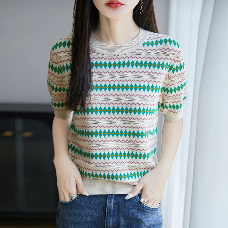 

Summer new 100% pure cotton women's T-shirt casual striped short sleeved loose hollow Tees round neck pullover Top