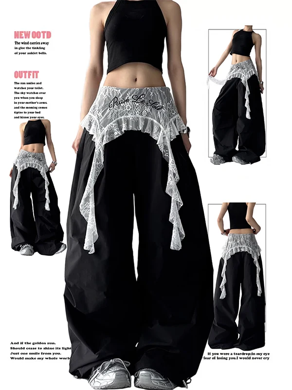 กางเกงขายาวทรงตรงสไตล์ลำลองสำหรับผู้หญิง ผ้าบางเบา เหมาะสำหรับฤดูร้อน แต่งผ้าลูกไม้แบบอเมริกัน ทรงขากว้าง สไตล์ชุดทำงาน