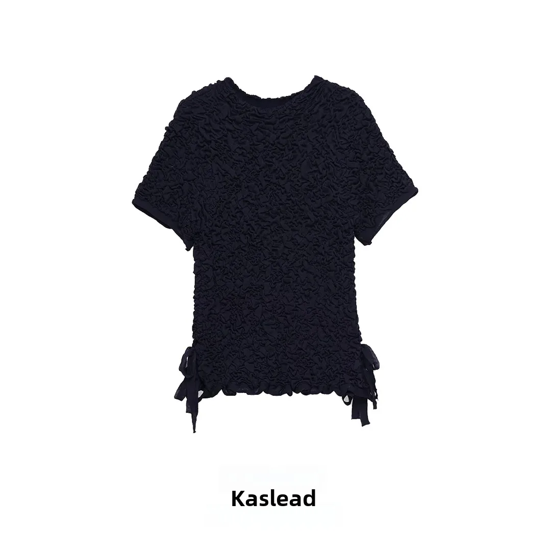 KASLEAD 新しいレディースファッションテクスチャードニットシャツラウンドネックトップバタフライノット半袖ポリエステル繊維 392076