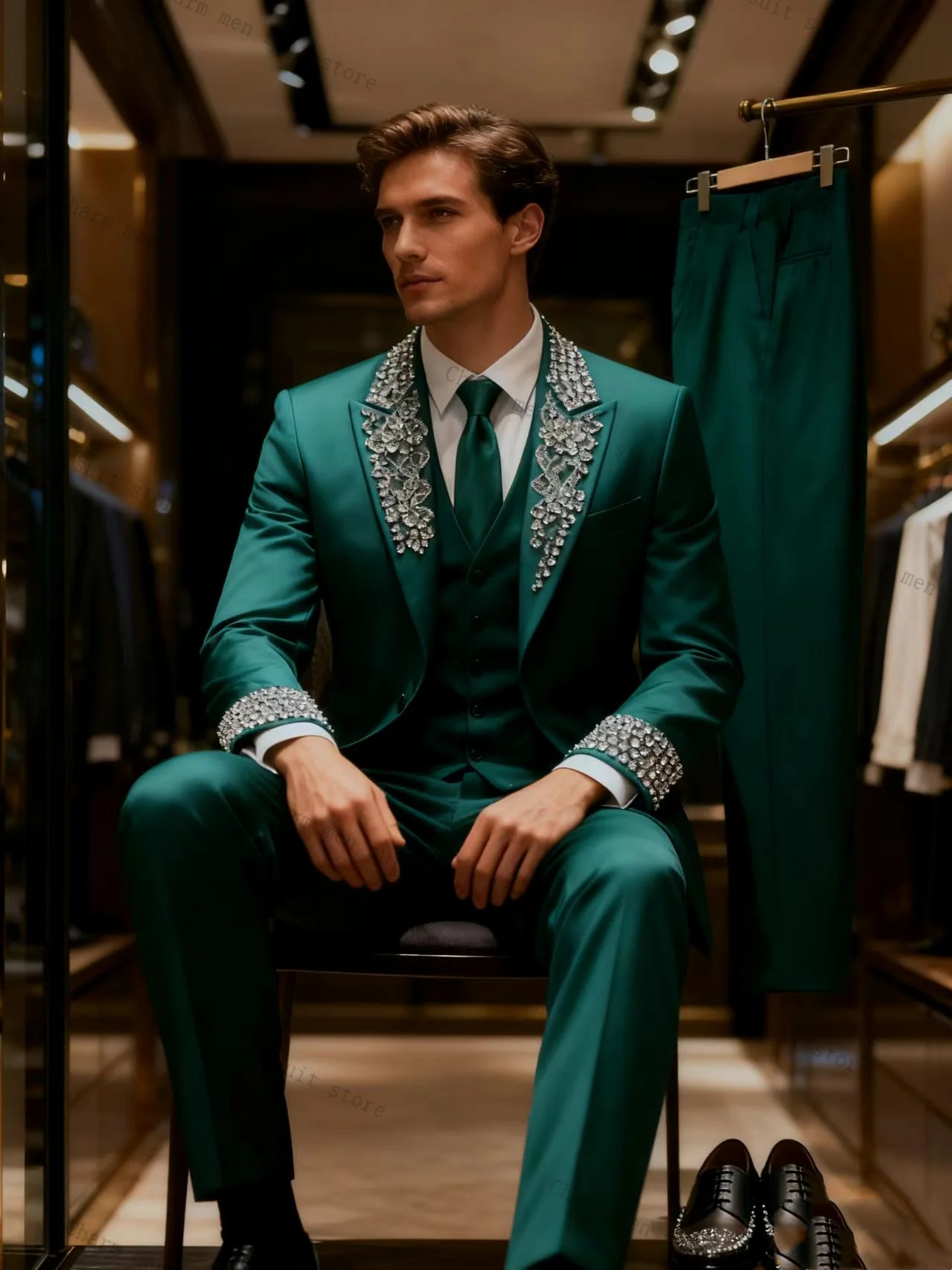 

Luxury Green Men Suits Set 2 Pcs Crystals Blazer+Pants Trousers Groom Wedding Tuxedo Formal Office Business Groom Jacket Coat