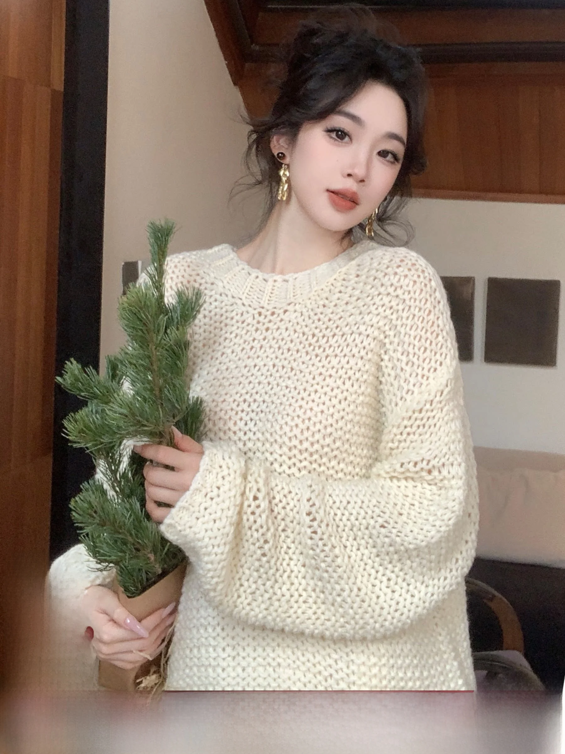 

Свободный длинный вязаный свитер из чистой шерстяной пряжи крупной вязки с круглым вырезом, удобный, дышащий, женский топ