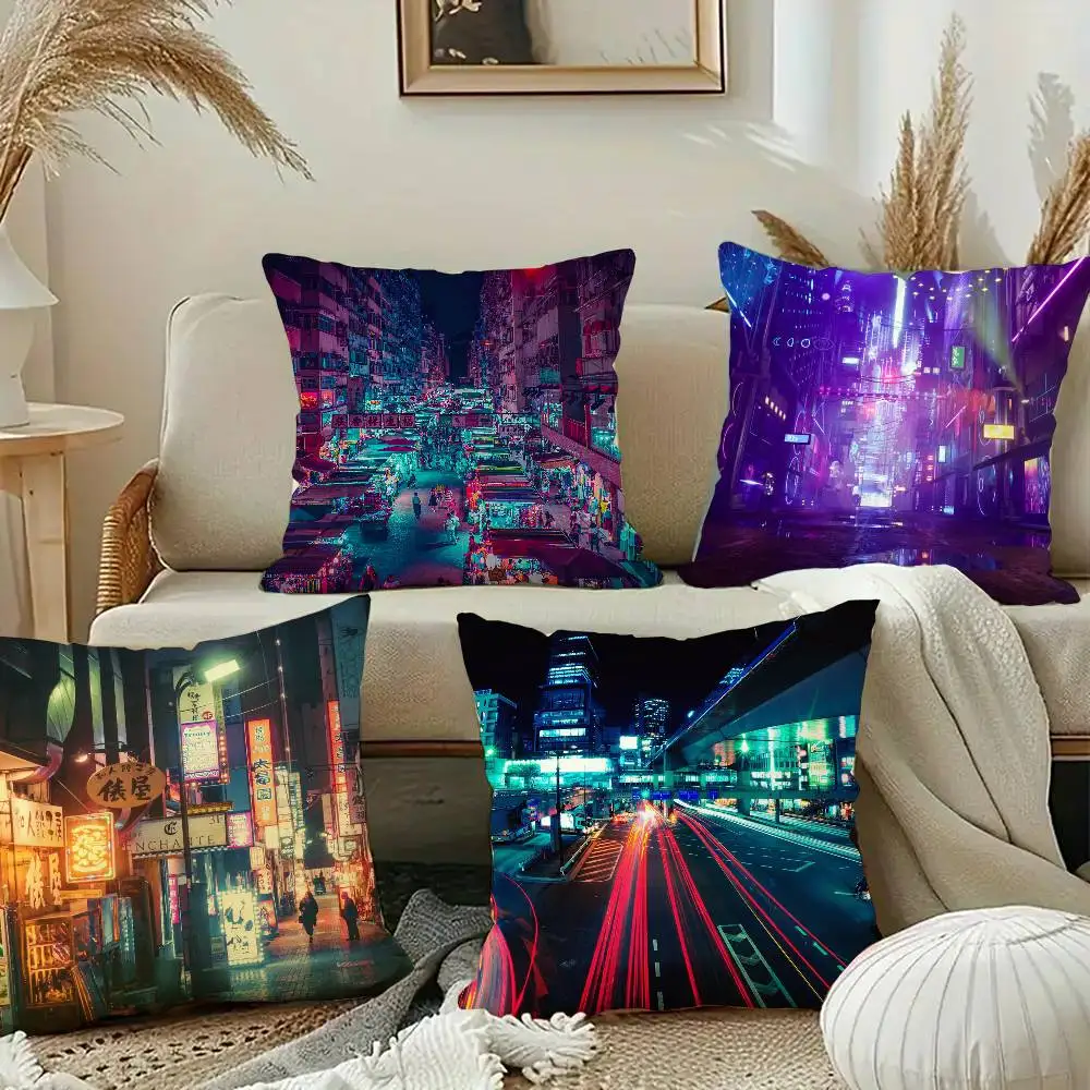 Taie d'oreiller carrée en forme de ville néon, 1 pièce, à la mode, pour chambre à coucher, canapé, chambre à coucher, décoration de loisirs