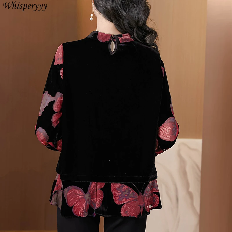 Women's Shirt Spring Autumn Fashion Printed Velvet Splicing Fake Two-piece Blouse Femme Casual Long Sleeve Pullover Tops