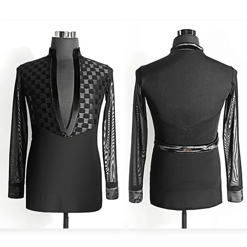 

Men's Latin Dance Clothes Black V-Neck Top Long Sleeve Training Wear Cha Cha Rumba Tango Performance Costumes Latin Tops VDL4111