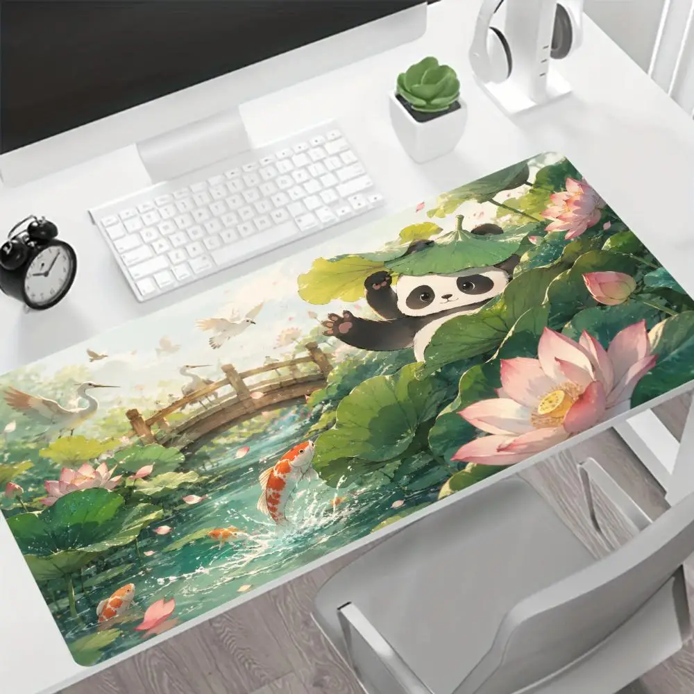 Cute Panda Lotus Koi Fish Pattern Extended Mouse Pad Non-Slip Rubber Large Gaming Desk Mat for Laptop Office Home Decor