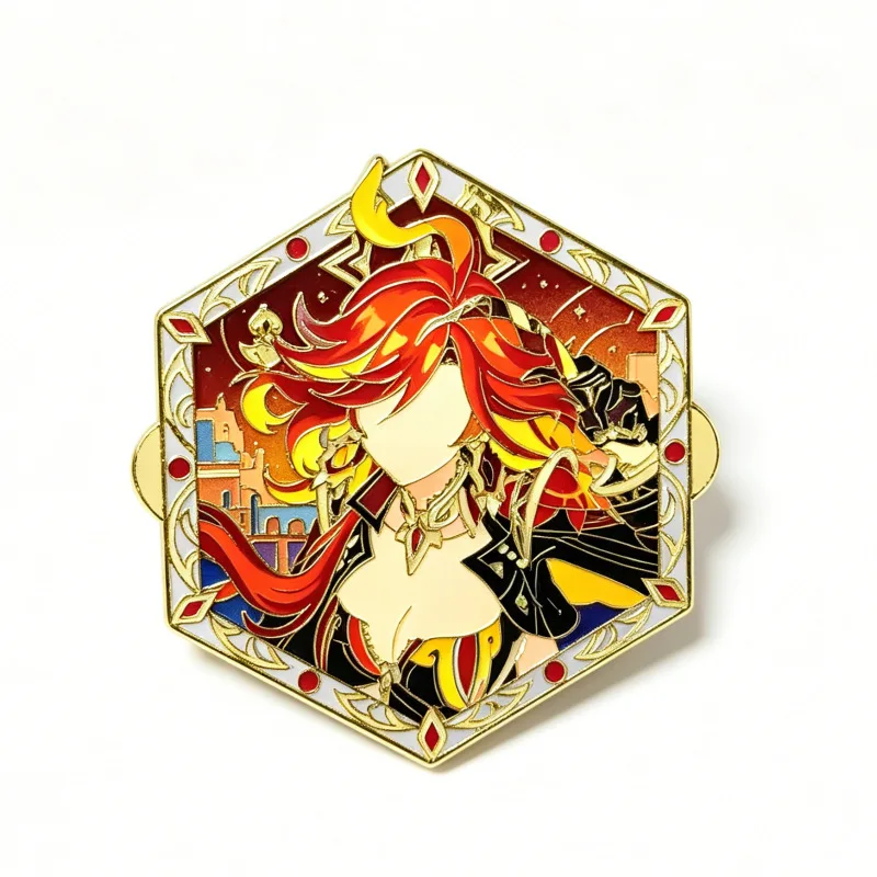 Genshin Impact Mavuika Pyro Archon Hexagon Enamel Pin Badge Fan Made Anime Game Brooch Bag Charm Gift