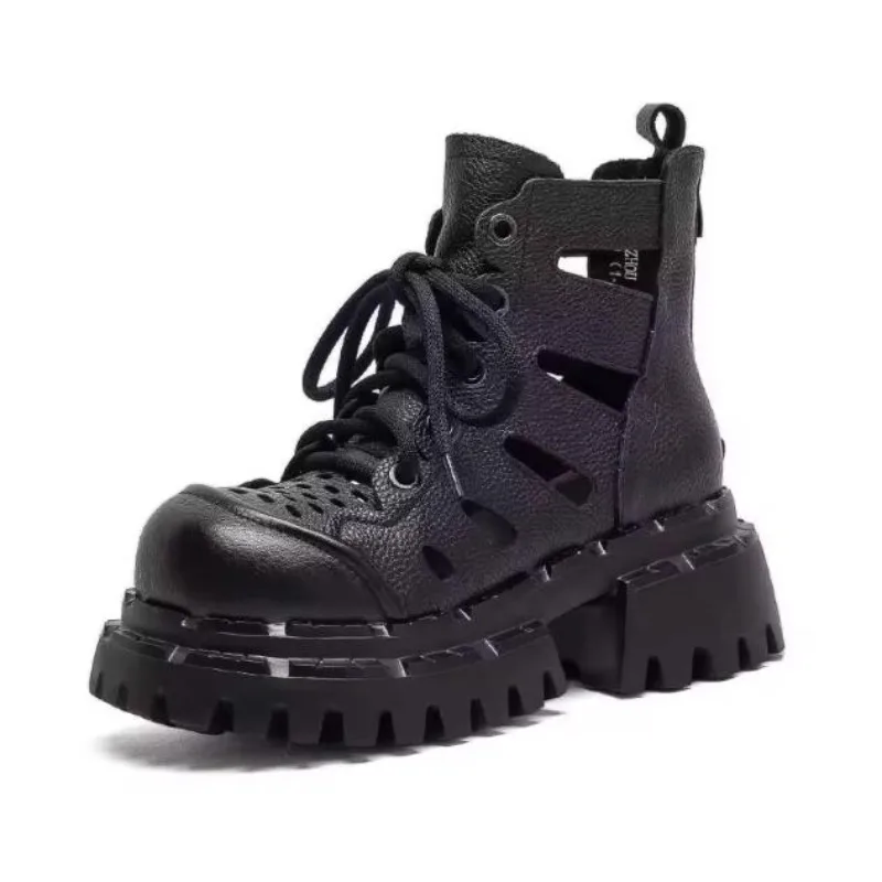 6cm Cow Genuine Leather Flats Platform Wedge Rubber Ankle Booties Women Comfy Sandals Shoes Elthnic Mary Jane Hollow