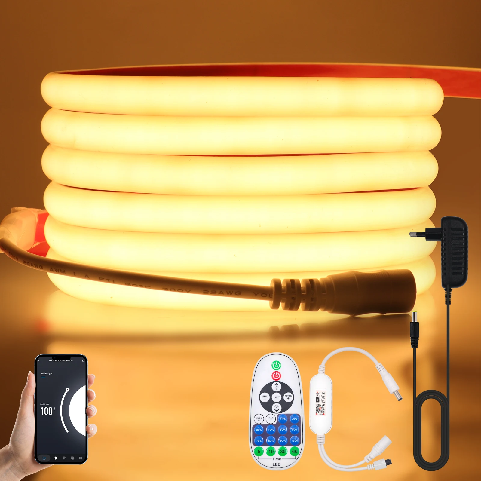 IP68 Waterproof COB LED Neon Strip Light 12V 320Leds/m WiFi Dimmable Warm White/Natural White/White with EU/US/UK/AU Power Kit