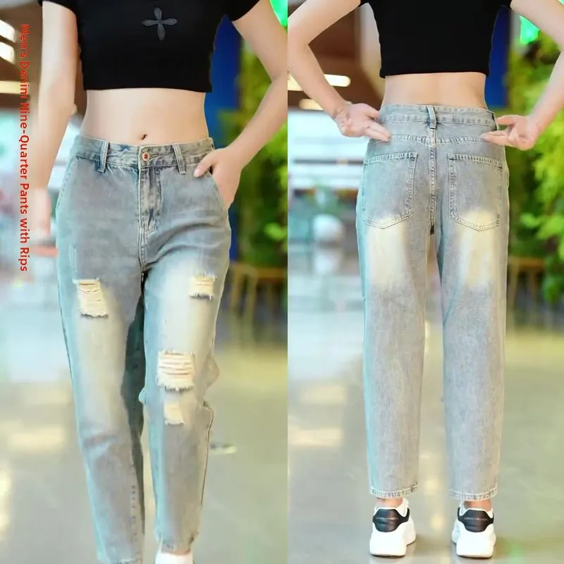 

Мужские джинсы в стиле ретро, зауженные, прямого кроя, с дырками, повседневные, свободные, молодежные, популярные, летние, 2024