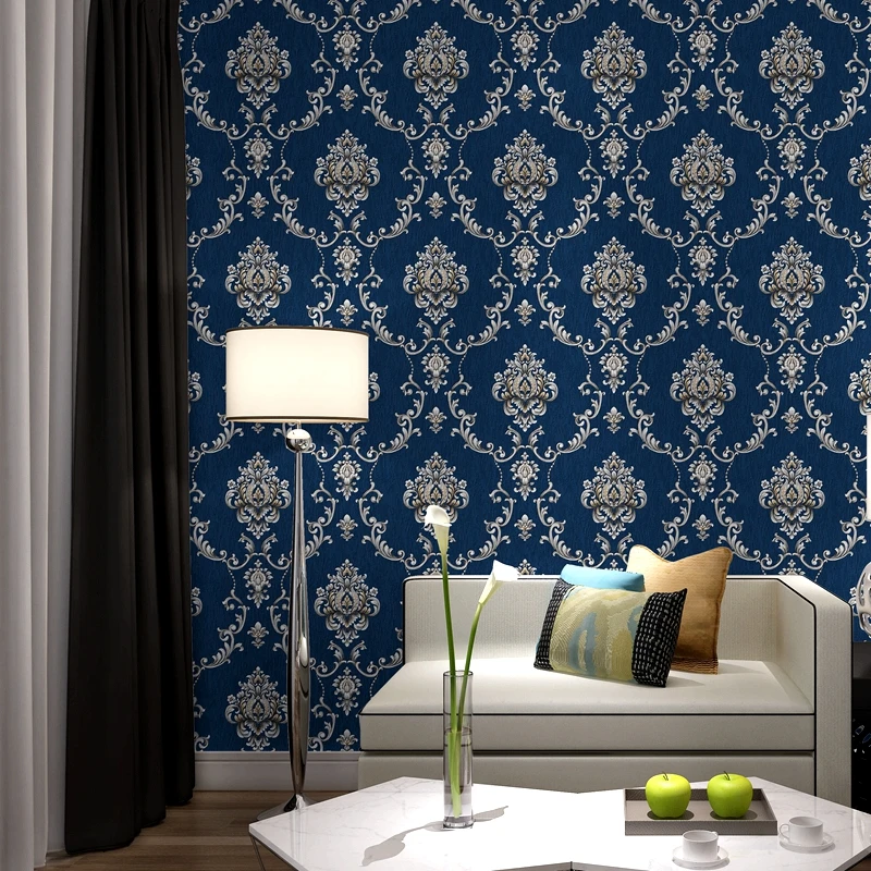European Luxury Damask Wallpaper Roll 3D Embossed Pvc Home Hotel Wall Decor Blue Damascus Wallpapers for Living Room Bedroom