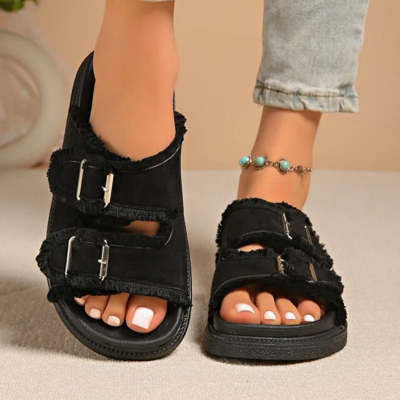 Fabric Slide Sandals for Women, Double Strap with Silver Buckles, Chunky Platform Sole with Fringed Edge, Casual Summer Slides