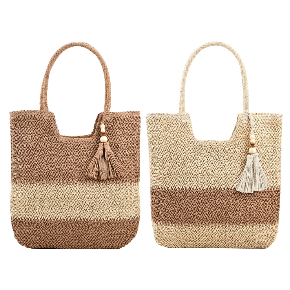 Summer Top-handle Bag Contrast Color with Tassels Weaving Underarm Bag Large-Capacity Handmade Casual Simple for Seaside Holiday