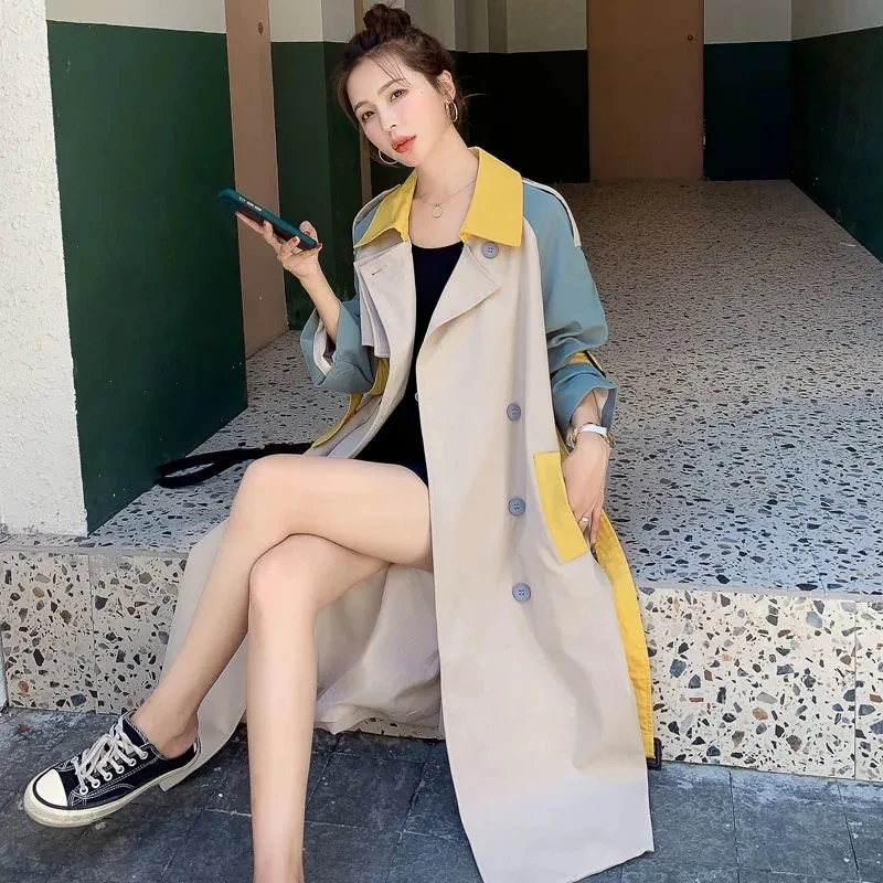 2024 Spring Fall Korean Patchwork Color Women Mid-length Trench Coat With Belt Double-Breasted Lady Windbreaker Female Outerwear