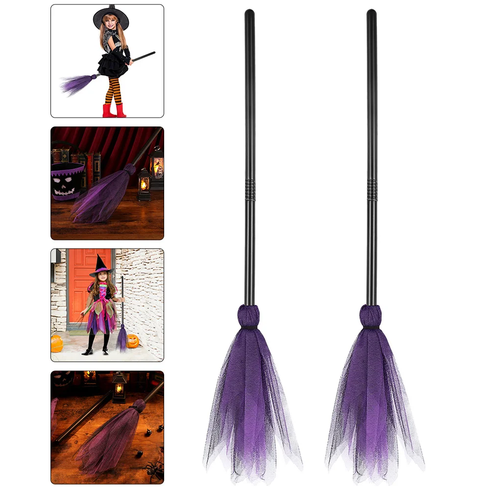 

2Pcs Halloween Witch Broom Cosplay Prop Durable Plastic Cloth Lightweight Portable No Burrs Creative Costume Accessory