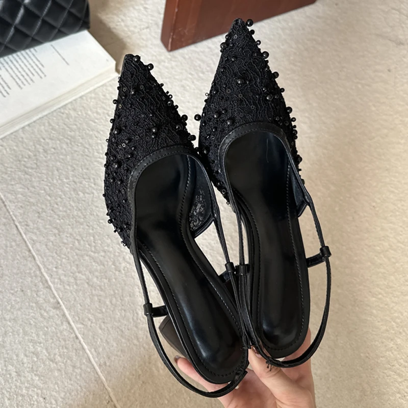 

Women's Pointed Toe Lace Mesh Beaded Sequin Slingback Block Heel Dress Pumps Elegant Bridal Party Footwear Drop Shipping Shoes