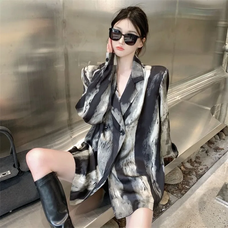 

Women's Ink Wash Print Blazer Long Sleeve Top with Suit Collar Unique Niche Design Mixed Color Vintage Hong Kong Style Shirt